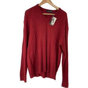 ARSLANLI DEEP RED/BURGUNDY V NECK CABLE KNIT WOOL BLEND SWEATER, LARGE